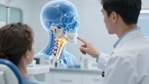 Стоматолог демонстрирует пациенту голограмму челюсти для КЛКТ при гнатологических проблемах и диагностики ВНЧС